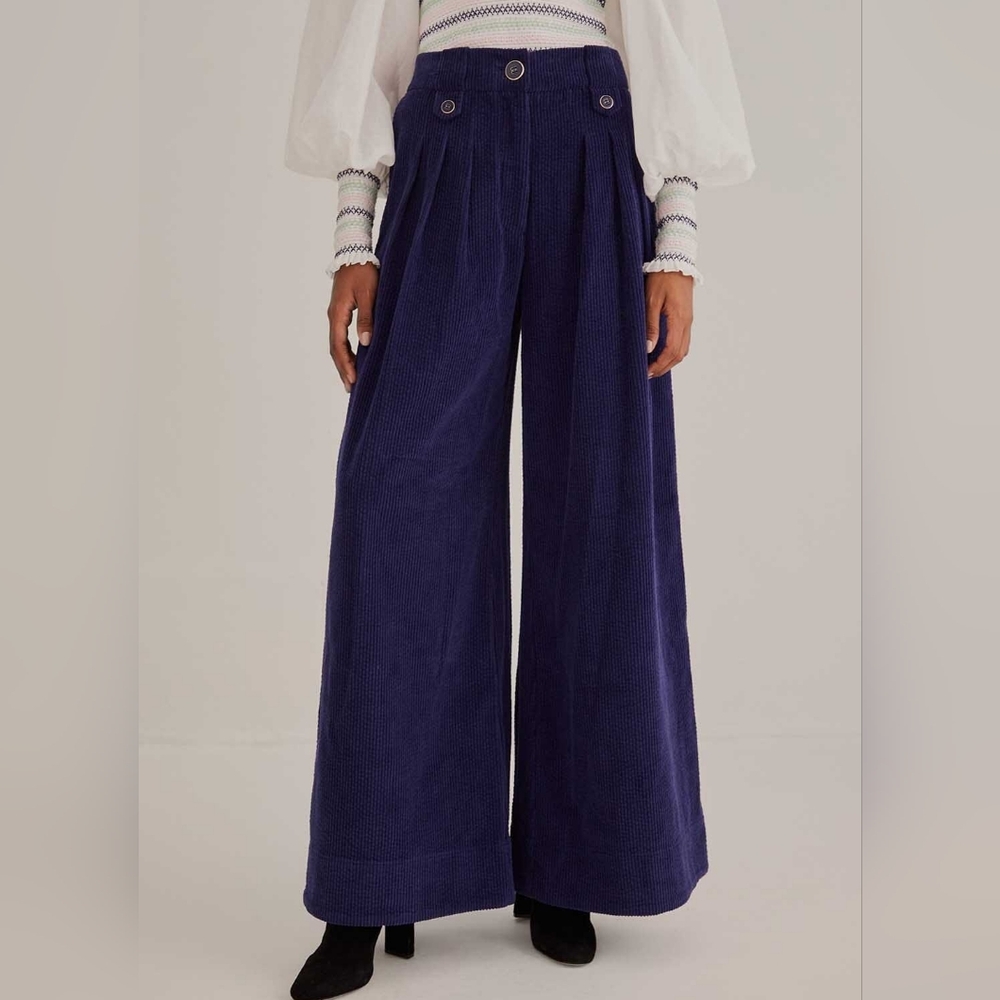 FARM Rio Navy Corduroy Tailored Pleated Wide Leg Pants Adjustable Waist Small